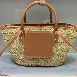 Designer -Basket Straw Bag stor kapacitet Tygväskor Sommarstrand axelväska Kvinnor Crossbody Handväska Vävande kohudkant Resa Tote Purse