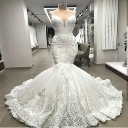 Vestidos de Noiva Sereia de Alta Renda Exclusivos Apliques Dubai Vestidos de Noiva Frisados Custom Made Robe De Mariee253g