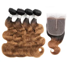 50g/pc 4 pacotes com fechamento de renda 1B27/30 cabelo indiano onda corporal ombre loiro marrom preto pacotes remy cabelo humano 4x1 T parte fechamento