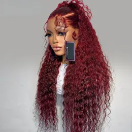 99j Burgundy 13x4 Hd Lace Water Wave Frontal Wigs Human Hair Glueless Red Colored Brazilian Wigs 36 Inch Deep Wave Wig