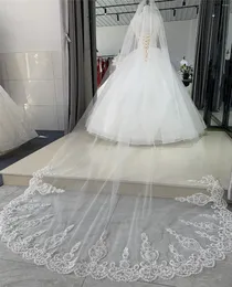 Brudslöjor bröllop 4 meter långt ett lager spetsar applikationer slöja elfenben/vita eleganta tillbehör velos de novia voile Mariee