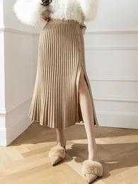 Kjolar surmiitro mid-längd stickad kjol för kvinnor 2023 höst vinterkoreansk smal solid höft wrap single breasted hög midja kvinna