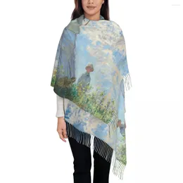 Halsdukar kvinna med en parasol av claude monet halsduk wrap för kvinnor lång vinter varm tofs sjal unisex modern målning konst