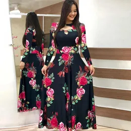 Sıradan Elbiseler Kadınlar Uzun Kollu İçi Döküm 2023 Sonbahar Çiçek Yüksek Bel Elastik Elegant Boho O-Beck Vestido Robe Maxi Elegante