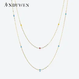 Fili Strings ANDYWEN Argento sterling 925 Primavera Arcobaleno Turchese Smalto Charm Perline Girocollo Collana a catena lungaThin Definite Fine Jewels 230801