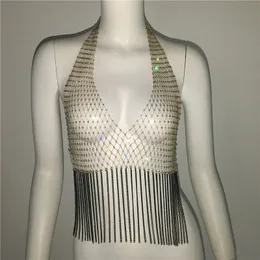 Women's Tanks Shiny Rhinestones Fishnet Grid Crop Top Sexy Deep V Neck See Through Diamond Hollow Link Chain Tassels Tank Party Club Tops