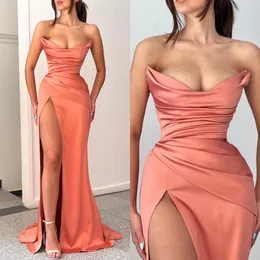 Prom Elegant Coral Dresses Sweetheart Backless Satin Evening Pleats Split Formal Long Special OCN Party Dress