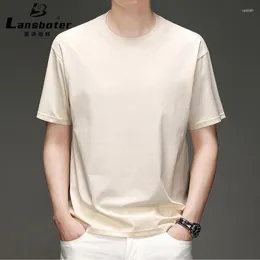 T-shirt da uomo estate manica corta beige leggermente ampia spalla scesa alta elasticità t-shirt in cotone setoso tendenza giovanile girocollo