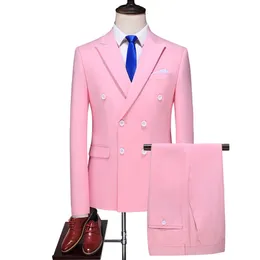 Męskie garnitury Blazery podwójnie piersi mężczyźni Pink Groom Tuxedos Lapel Groomsmen Wedding Man 2 sztuki kurtka Pantstie D35 230731