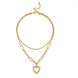 Chains Gold Color Layered Necklace Hollow Heart Pearl Pendant For Women Vintage Girls 2in1 Chain Jewelry Birthday Party Gifts