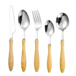 Flatware Sets 목재 손잡이 식당 칼레 세트 홈 304 스테인레스 스틸 테이블웨어 나이프 포크 스푼 은색 서부