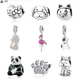 925 Sterling Silver Dangle Charm Love Dog Cat Paw Panda Turtle Pendant Bead For pandora charms authentic 925 silver beads