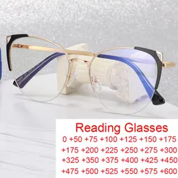 Solglasögon Trendiga semi Rimless Cat Eye Reading Glasses Women Optical Blue Light Computer Luxury Eyeglass Frames FarSighted Diopters 2