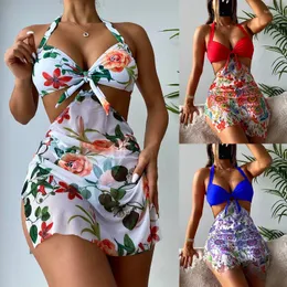 Kvinnors badkläder Kläder Summer Split Print Sexiga Briefs Three Piece Kjol för simning och surfdräkt Swimdress Ropa Mujer