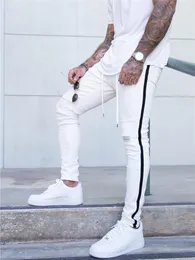 Pantalones vaqueros para hombre, pantalones pitillo de motociclista destruidos, pantalones vaqueros rasgados de corte deshilachado, ropa informal estilo Hip Hop con rayas laterales