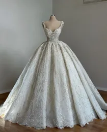 Exquisite Ball Gown Wedding Dresses Sleeveless V Neck Straps Sequins Applique Ruffles Zipper Beads Diamonds Crystals Plus Size Bridal Gowns Vestido de novia