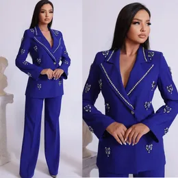 Luxury Women 2 PCS Bule Suit V-halspärlor Crystal Coat Custom Made Blazer med Pant Designer Anpassa