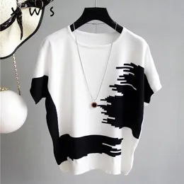 Kvinnors tröjor Summer Women Sweater Pullover Thin Rib Sticke Pull Femme Topps Patchwork O Neck Knitwear Jumper Short Sleeve Sueters de Mujer 230731