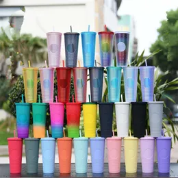 24oz Star Tumblers With Straws Double Wall Plastic Water Bottles BPA Free 710ml Drinking Cups QMR23a