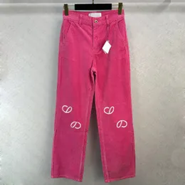23SS FW Projektantki Projektantki z literą haftowane dziewczynki Vintage High End Milan Runway Marka Casual Empear Rose Pink Bawełna Pord Cord Długa prosta spodnia