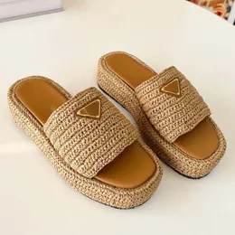 Designer Sandals Ladies Luxury Platform Slippers Raffia Straw Sandal For Sale Made in Italy Triangle Buckle Mules Thick Bottom Heels Slides Size 35-41