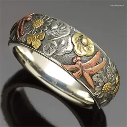 Grupo de anéis venda transfronteiriça anel retrô gravado flor libélula girassol