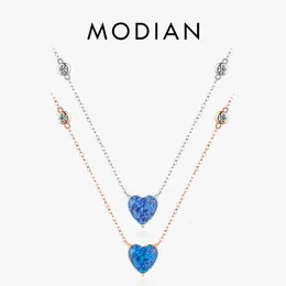 Pendanthalsband Modian 925 Sterling Silver Eexquisite Blue Heart Opal Necklace Fashion Rose Gold Color Link Chain for Women Fine Jewelry 230801