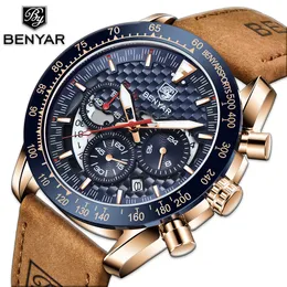 Armbandsur Benyar Top Brand Men Watches Leather Strap Luxury Waterproof Sport Quartz Chronograph Military Watch Clock Reloj Hombre 230802