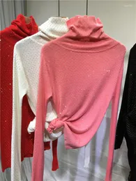 Kobiety swetry 2023 jesienne zimowe golf pełny rhinestone patchwork ghinny bling dzianinowy sweter tops jumper