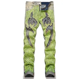 Grüne Spinnennetz-Herrenjeans, schmale Passform, gerade, bestickte Jeanshose, Frühlings-Herbst-Retro-Blau, Distressed-Streetwear