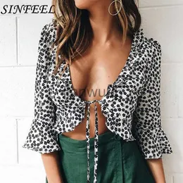 Blusas Femininas Camisas SINFEEL 2018 Feminino Verão Sexy Blusas Manga Flare Estampa de Pontos Camisas Florais Casual Roupas Femininas Blusas Femininas Crop Tops J230802