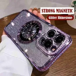 Mobiltelefonkisten Glitzer Luxus Bling Diamond Show Magnetic Phone Hülle für iPhone 14 13 12 11 Pro Max Plus + Plattierung Wireless Ladung Cover L230731