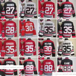 Film Vintage Hokey 27 Jeremy Roenick Forma CCM Nakış 35 Tony Esposito 88 Patrick Kane 30 Ed Belfour 28 Steve Larmer Jersey Siyah Kırmızı Beyaz