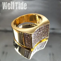 Anel retangular de zircônia cúbica branca folheada a ouro 18K 18K Anel de hip hop com diamantes Presentes para homens 14 mm Tamanho 7-11 Atacado