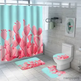 Tappeti Cactus Fiori Tende da doccia Piante tropicali Stampa Tenda da doccia Set Tappeti igienici in poliestere Tappeti impermeabili per bagno R230802