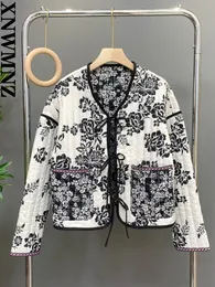 Women s Jackets XNWMNZ Women Fashion Print Quilted Jacket Woman Retro V Neck Tie Winter Warm Padded Female Chic Reversible 230801