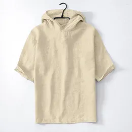 남성용 캐주얼 셔츠면 린넨 후드 셔츠 느슨한 통기성 단색 카미사 Hombre Short Sleeve Streetwear Blusas 2023