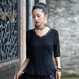 Ethnic Clothing 2023 Chinese Vintage Base Shirt Women National Flower Embroidery Hanfu Tops V-neck T-shirt Oriental Elastic Mesh