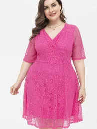 Vestidos plus size renda fúcsia para mulheres 4XL decote em V meia manga império linha A na altura do joelho chique casual vestidos de trabalho de escritório roupas