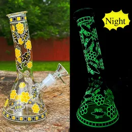 Glow in The Dark Glass Beaker Bong Downstem Perc Recycler Water Pipes Hookah Bubbler Dab Rigs for Smoking with 14mm Joint