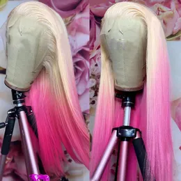 Blond rak 13x4 spetsar frontala peruk ombre rosa rosa spets front människohår peruker före plockad 180 densitet ombre spets peruk