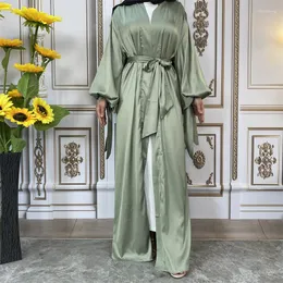 Etnik Giyim Zarif Kadın Saten Açık Abaya hırka elbise Türkiye Arap Cobe Dantel Up Kimono Ramazan Eid Müslüman Longue Jalabiya Dubai