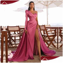 Basic Casual Dresses Prom Party Women Evening Elegant Y One Shoder Backless Satin Pleated Side Split Loose Long Maxi Dress 2022 Drop Dhcx8
