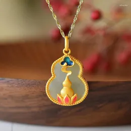 Chains Auspicious Clouds Gourd Necklace Ancient Gold Craftsmanship Ethnic Style Vintage Natural An Jade Pendant Jewelry