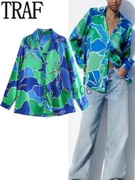 Женские блузкие рубашки Traf 2023 При печати атласная рубашка женщина синяя пуговица рубашка женщин винтажные рубашки с длинным рукавом и блузки.