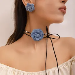 Choker Blue Denim Fabric Flower Necklace Lace-up Rope Chain Earrings Set For Womens Fashion Jewelry Gift DropShip
