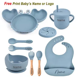 Copos Pratos Utensílios Caranguejo Prato Para Bebê Talheres De Silicone Ventosa Bandeja Babadores Colher Nome Personalizado Conjunto De Alimentação Do Bebê Crianças 230802