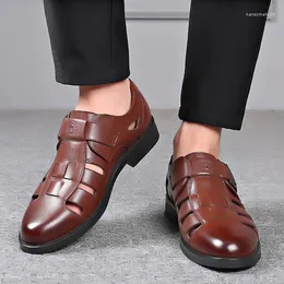 Sandals High Quality Summer Men's Leather Shoes Breathable Soft Bottom Hollow Single