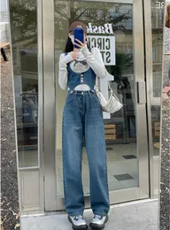 여자 청바지 가을과 겨울 옷 큰 크기 파란색 하이-웨이스트 2023 Desig Detachable Straight-Leg Wide-Leg jumpsuit