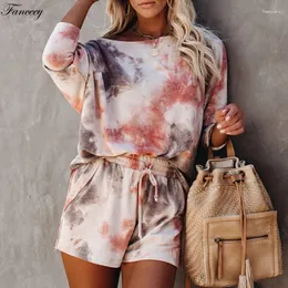 Women's Sleepwear Fanceey Pajamas Tie Dye Two Piece Set Women Loose Outfits Long Sleeve For Casual Nightie